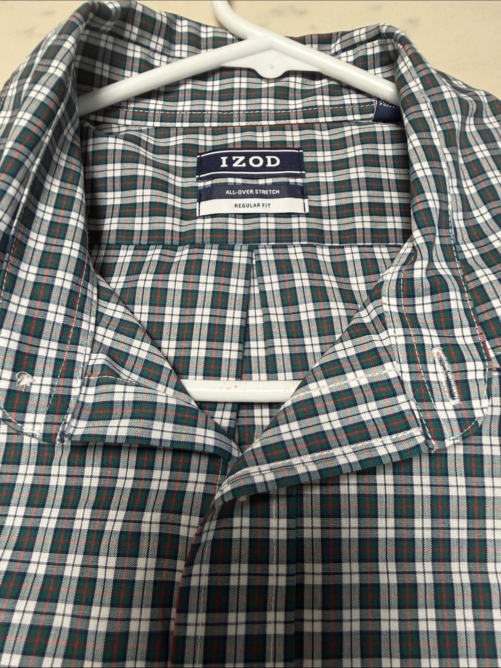 Izod Men’s Green and White Plaid Button-Down Shirt